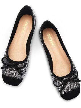 Women's Ballet Flats Cap Toe Bow Flats Glitter Black Slip On Flats Square Toe